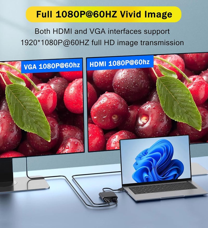 AKWOR محول VGA إلى HDMI + VGA لشاشات مزدوجة، محول VGA إلى HDMI مقسم 2 في 1، 1080P@60HZ عرض فيديو عالي الدقة لمحول الكمبيوتر المحمول/الشاشة/التلفاز/البروجيكتور (لأنظمة ويندوز وماك)  - Image 3